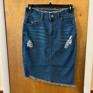 AQ Womens Juniors Blue Distressed Asymmetrical Slanted Pencil Denim Jean Skirt 7